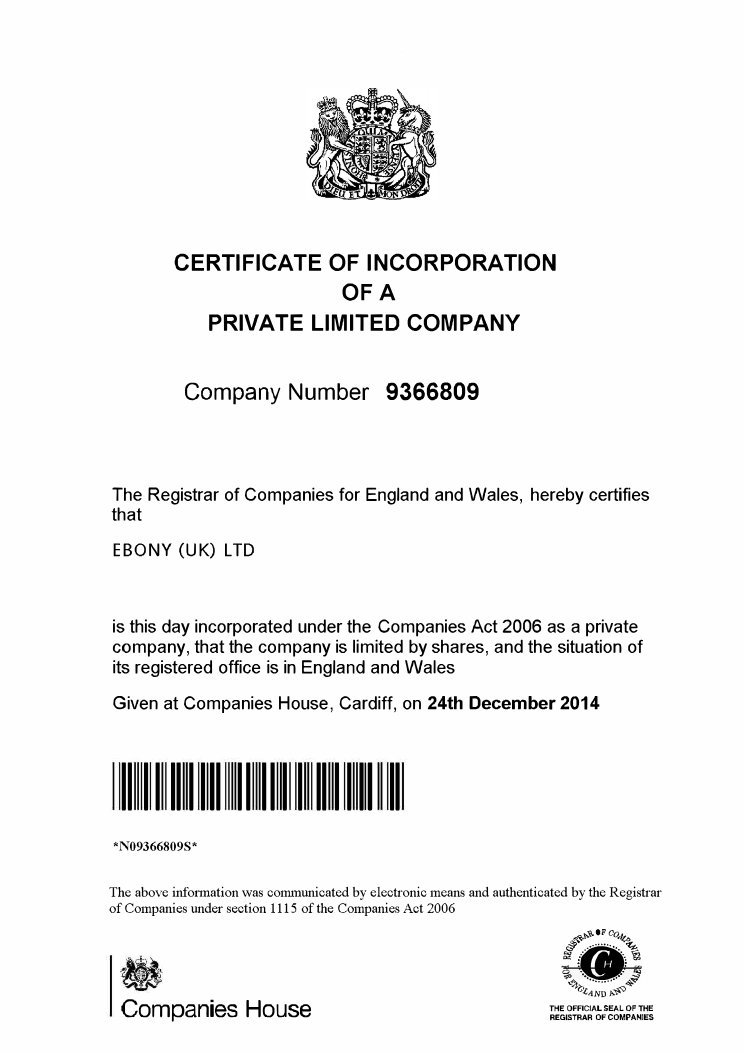 Certificate of incorporation for EBONY (UK) LTD
